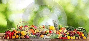 Assortment of fresh organic vegetables and fruits on wooden table against blurred green background. Banner design