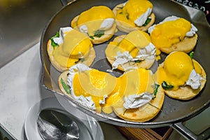 Assortment of fresh pastry on table in buffet .