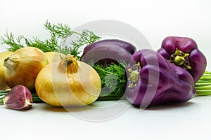 Assortment of fresh raw vegetables on white background. Selection includes potato, green onion, pepper, garlic and dill