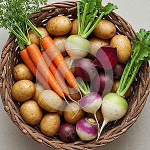 Assortment of Fresh Root Vegetables in a Basket