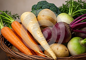 Assortment of Fresh Root Vegetables in a Basket