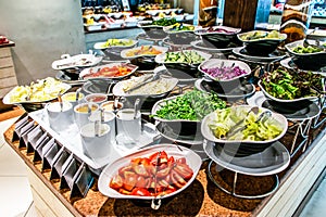 Assortment fresh vegetable salads vegetarian buffet tasty side dish variety. Healthy food set, organic, natural egypt