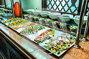 Assortment fresh vegetable salads vegetarian buffet tasty side dish variety. Healthy food set, organic, natural egypt