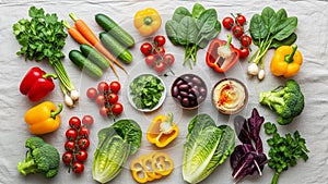 An assortment of fresh vegetables arranged on a light gray surface