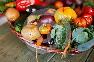 Assortment of fresh vegetables in a basket, bio healthy, organic food