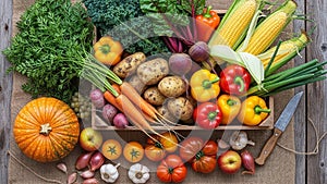 An assortment of fresh vegetables is displayed on a rustic wooden surface
