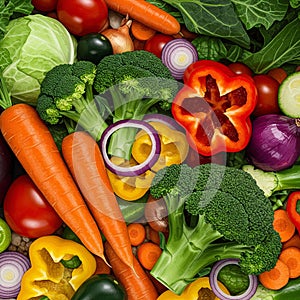 An assortment of fresh vegetables including vibrant red and yellow bell peppers
