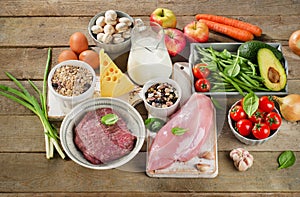 Assortment of Fresh Vegetables and Meats for Healthy Diet on wo photo