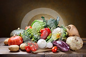 Assortment of fresh vegetables on old wooden table, still life. Space for text.