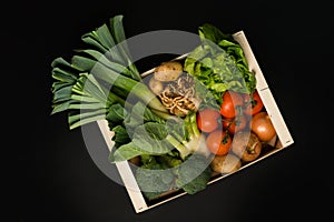 Assortment of Fresh Vegetables in a Wooden Crate