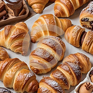 An assortment of freshly baked pastries, including croissants, cinnamon rolls, and pain au chocolat