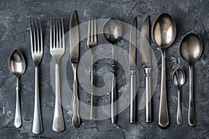 Assortment of freshly manufactured stainless steel kitchen instruments, including forks, spoons, and knives. AI