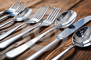 Assortment of freshly manufactured stainless steel kitchen instruments, including forks, spoons, and knives. AI