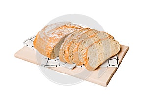 Assortment of freshly sliced baked bread with napkin isolated on white background. Healthy unleavened bread. French