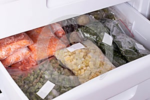 Assortment of frozenVegetables in home fridge. Frozen food in the refrigerator.