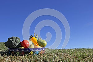 Assortment of Fruit and Vegetables in Mexican clay bowl