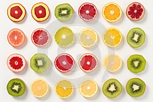 Assortment of fruits meticulously categorized and displayed on a clean white background