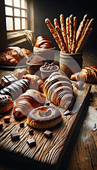 assortment of glazed pastries, chocolate croissants, and artisan breadsticks on an aged wooden table in a bakery. Generative AI