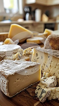 Assortment of gourmet cheeses on a wooden board
