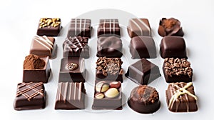 An assortment of gourmet chocolates with various toppings on white