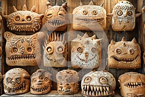 Assortment of Hand Carved Wooden Masks with Intricate Designs Displayed at a Cultural Market