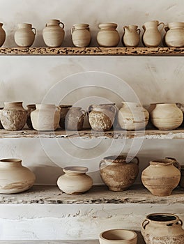 Assortment of Handcrafted Clay Pots on Wooden Shelves