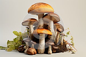 An assortment of harmoniously arranged mushrooms on a luminous studio background