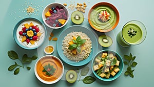 An assortment of healthy dishes is arranged on a light blue surface.