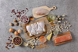 An assortment of healthy food sources of protein and vitamins.