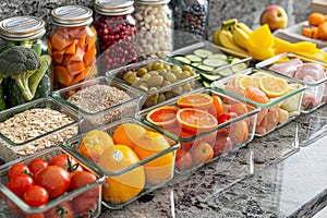 Assortment of healthy foods on a granite countertop