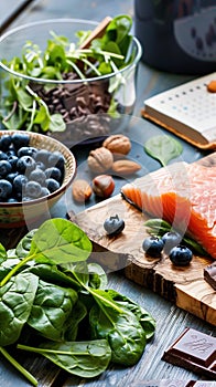 Assortment of healthy foods like chocolate, nuts, salmon, and berries,. Generated AI