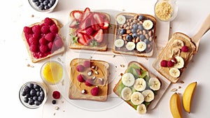 Assortment Of Healthy Fresh Breakfast Toasts Bread Slices With Peanut Butter And Various Fruits And Ingredients On Side Placed On