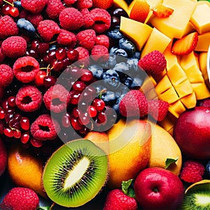 Assortment of healthy raw fruits and berries platter background, strawberries raspberries oranges plums apples kiwis grapes