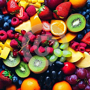 Assortment of healthy raw fruits and berries platter background, strawberries raspberries oranges plums apples kiwis grapes