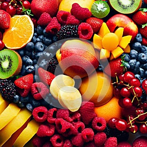 Assortment of healthy raw fruits and berries platter background, strawberries raspberries oranges plums apples kiwis grapes