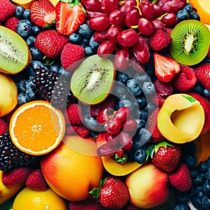 Assortment of healthy raw fruits and berries platter background, strawberries raspberries oranges plums apples kiwis grapes