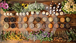 Assortment of herbal medicine products and ingredients on a wooden table. Flat lay composition of natural health care