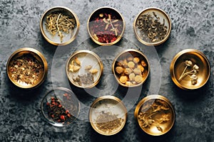 Assortment of herbal teas. Top view