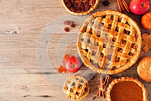 Assortment of homemade autumn pies. Side border over a light wood background.