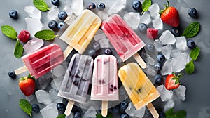 Assortment of ice cream popsicles with ice, fresh berries and mint, top view, flat lay. Summer dessert, frozen fruit juice.