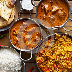 Assortment of indian curry and rice dishes