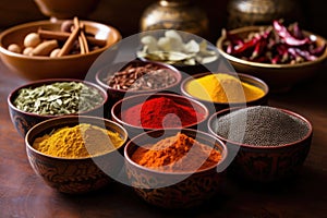 assortment of indian spices in various dishes