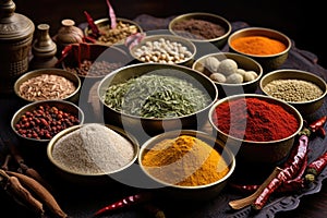 assortment of indian spices in various dishes