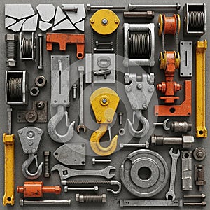 An assortment of industrial and mechanical components arranged on a flat surface. The image