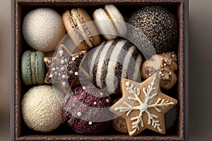 assortment of intricately decorated cookies, macarons, and spherical confectioneries