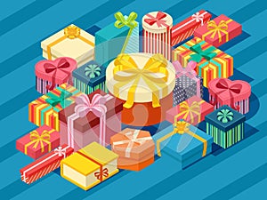 Assortment of isometric present boxes, vector illustration. Many different gift packages decorated with colorful