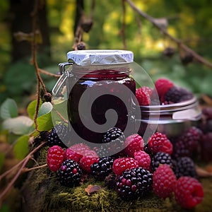 assortment of jams, seasonal berries, mint and fruits.