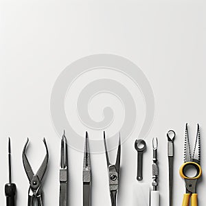 Assortment of jewelers' tools including pliers, scissors, and tweezers neatly arranged on a white surface