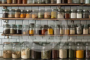 Assortment of labeled spice jars lined up on a white, contemporary kitchen ledge