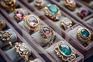 Assortment of Luxurious Antique Jewelry with Gemstones Displayed in Elegant Presentation Box